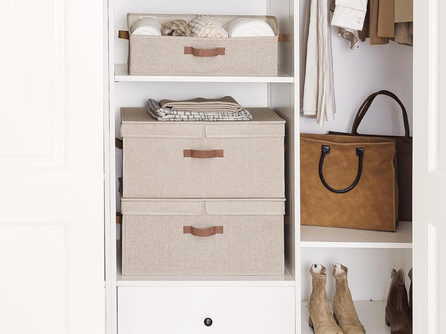 StorageWorks Extra Large Storage Bins with Lids, 55L Decorative Organizer with Divider Board, Fabric Boxes with Handles, Mixing of Brown & Beige, 2-Pack