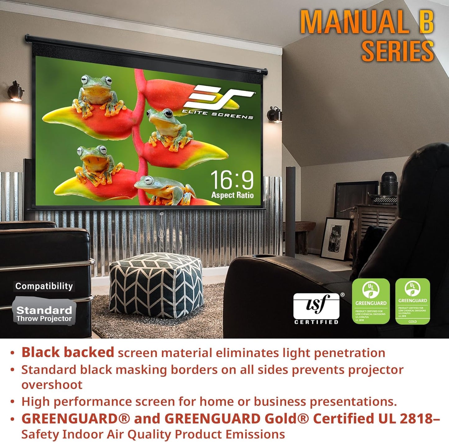 Elite Screens Manual B, 135-INCH Manual Pull Down Projector Screen 16:9 Diag 4K 8K 3D Ultra HDR HD Ready Home Theater Movie Office Presentation Projection Screen, M135H