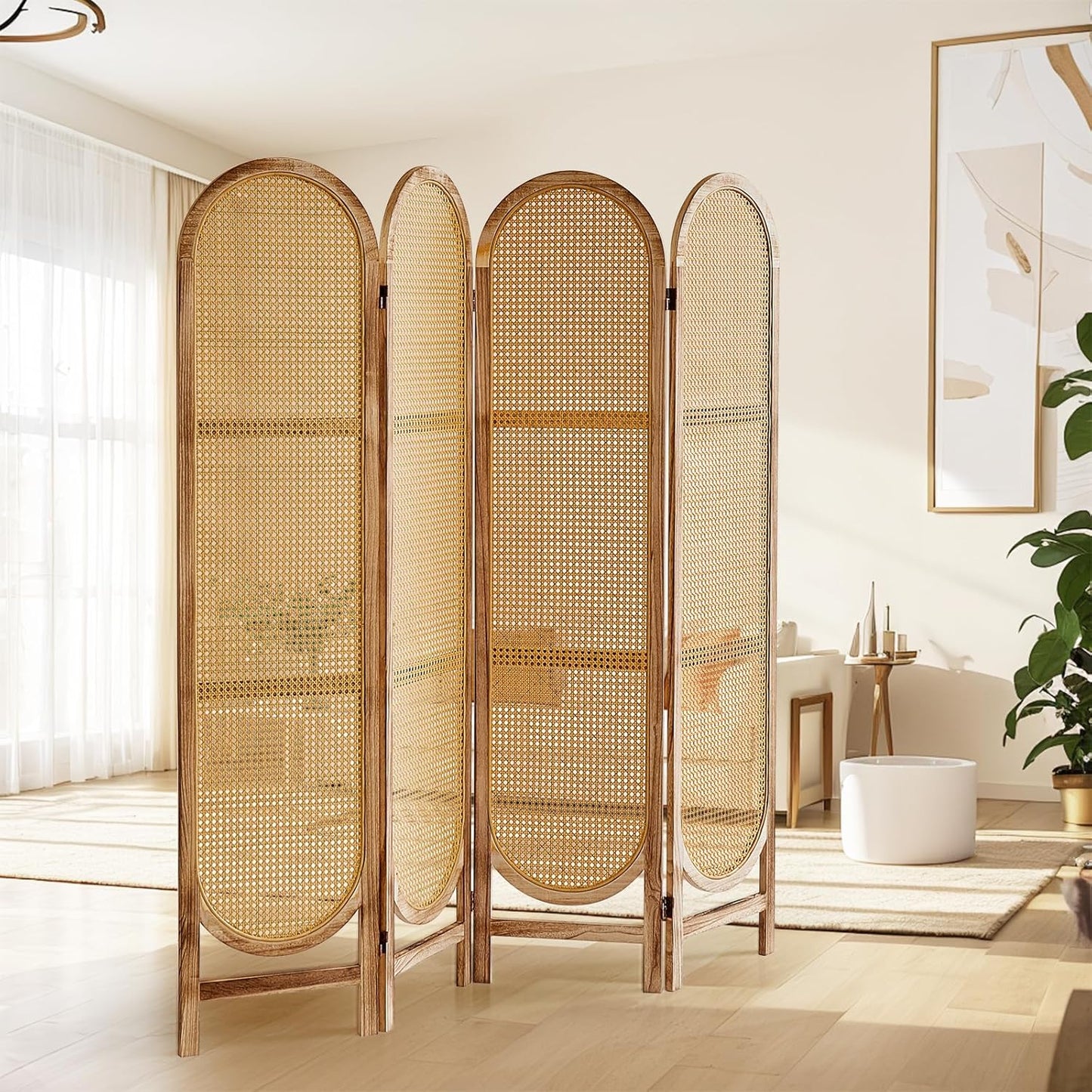 4 Panels Room Dividers and Hand-Woven Rattan Room Divider Wall, Wood Room Divider Folding Privacy Screens for Home Office Bedroom, Light Brown