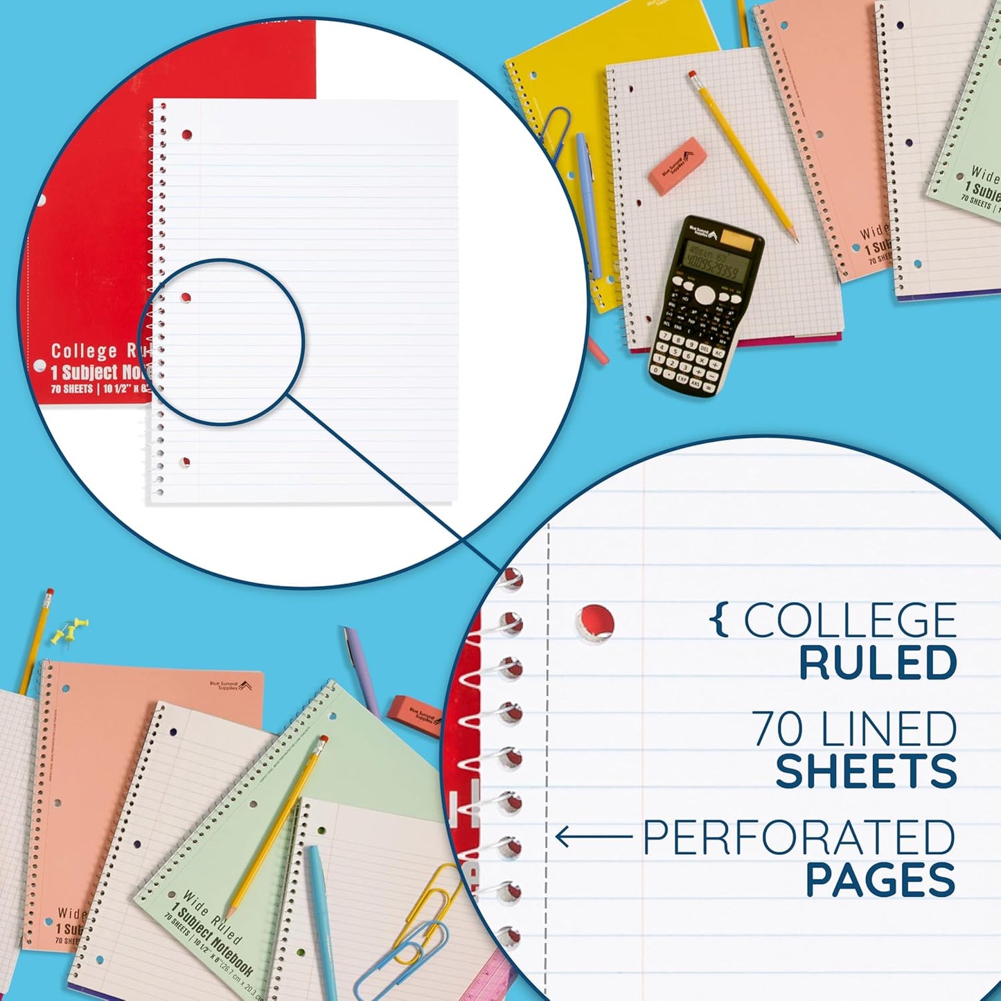 Blue Summit Red Spiral Notebooks Bulk, One Subject Spiral Notebook College Ruled, Perforated Notebook, 8 x 10.5 for Work and School, Paper, College Ruled, Bulk 48 Pack