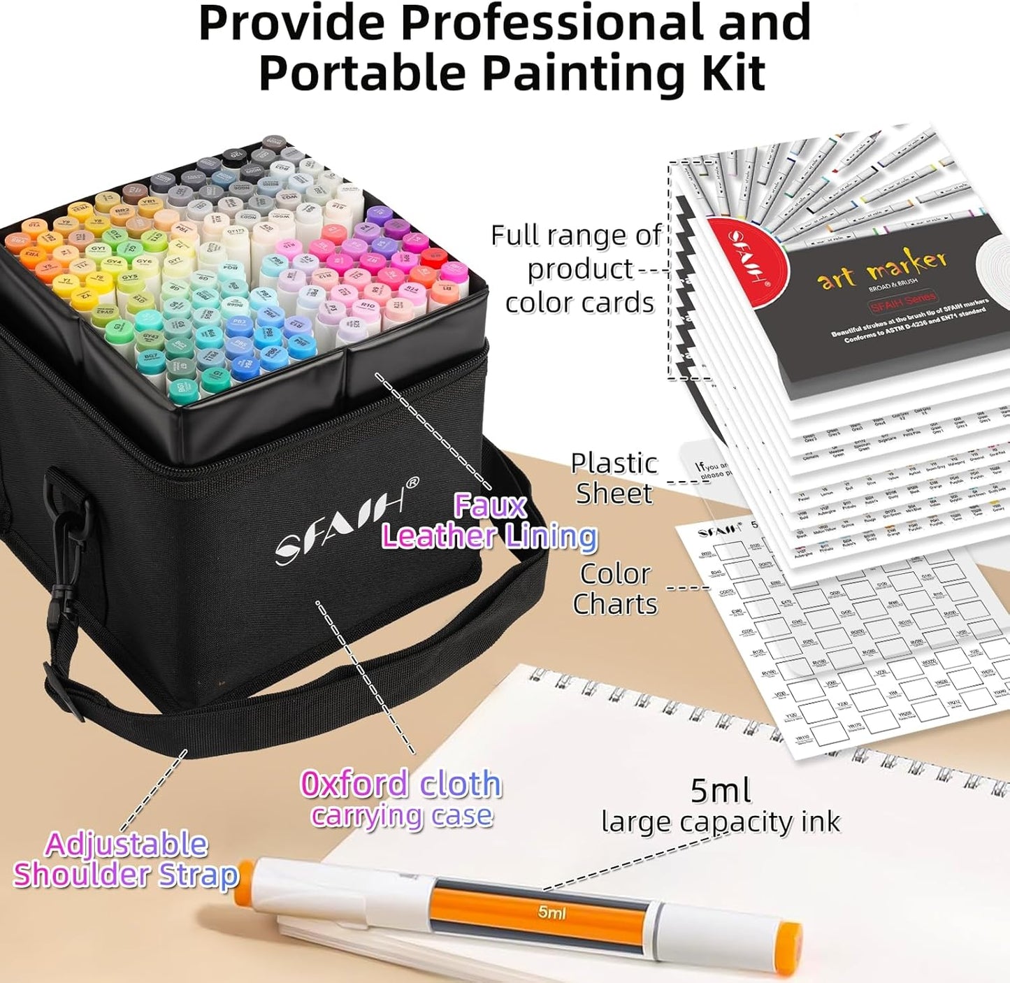 SFAIH Alcohol Markers Brush & Chisel - 121 Colors Double Tipped Art Markers for Adult Coloring Illustration, Gifts for Artist Adult - Adjustable Shoulder Strap & Faux Leather Lining & Outer Zip Pocket