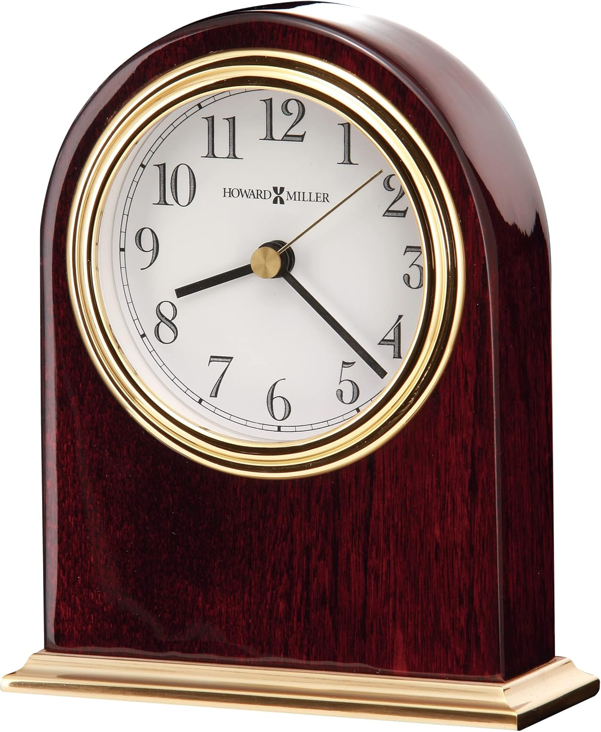 Howard Miller Monroe Table Clock - Arch-Shaped Analog Desk Clock, Wooden Tabletop Timepiece w/Brass Accents, Battery-Operated Quartz Movement, Shelf Decoration for Living Room, Bedroom, Office Decor