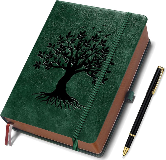 Thick Lined Journal Notebook with Pen, 360 Pages 100gsm Paper, Brown Sprayed Edge, Journal for Writing B5 Ruled Notebook ,Leather Hardcover,Perfect for Work, Office or School, 7.8'' x 10'' Dark Green
