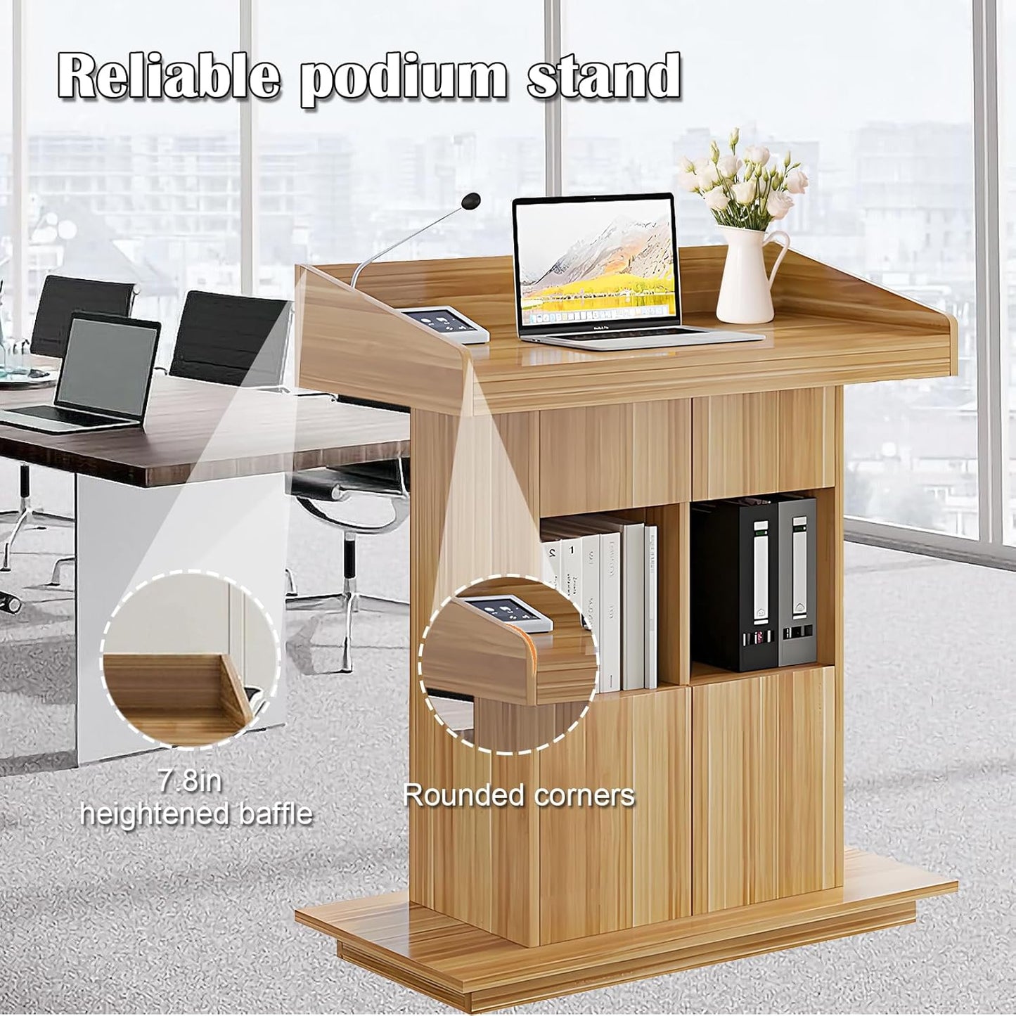 Solid Wooden Podium Stand Podiums for Classroom Lectern Podium Stand Wood Church Pulpit with 3 Levels of Storage and Heightened Baffles (Wood Color, 31.5in)