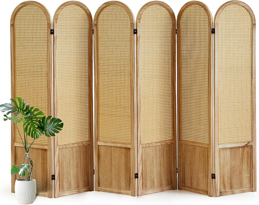 6 Panel Room Divider and Folding Privacy Screen, 5.6 Ft Foldable Double Hinged Rattan Partition, Hand-Woven Rattan Room Divider Portable Wood Freestanding Wall Divider for Room Separation - Natural