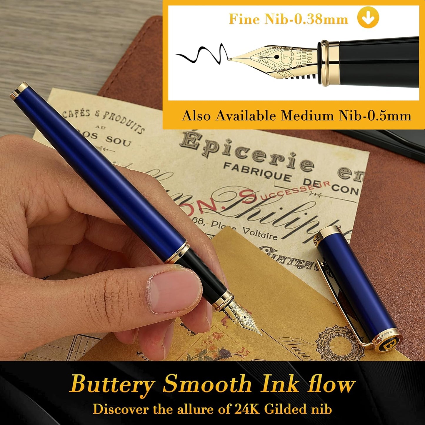 BEILUNER Blue Fountain Pen,Stunning Luxury Lacquer, 24K Gilded Nib(Fine),Gorgeous 24K Gold Accents, with Ink Converter,Fancy Gift for Men&Women-Smooth,Elegant,Graduation,Reliable,Nice Pens for Writing