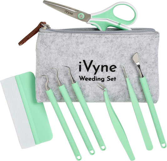 iVyne (8pcs) Berry Essentials Silicone Vinyl Weeding Tool Kit Soft Grip Weeding Tools for Vinyl with Weeder, Tweezers, Picker, Scissors and Scraper Set for Silhouette Cameos and Cricut Craft (Green)