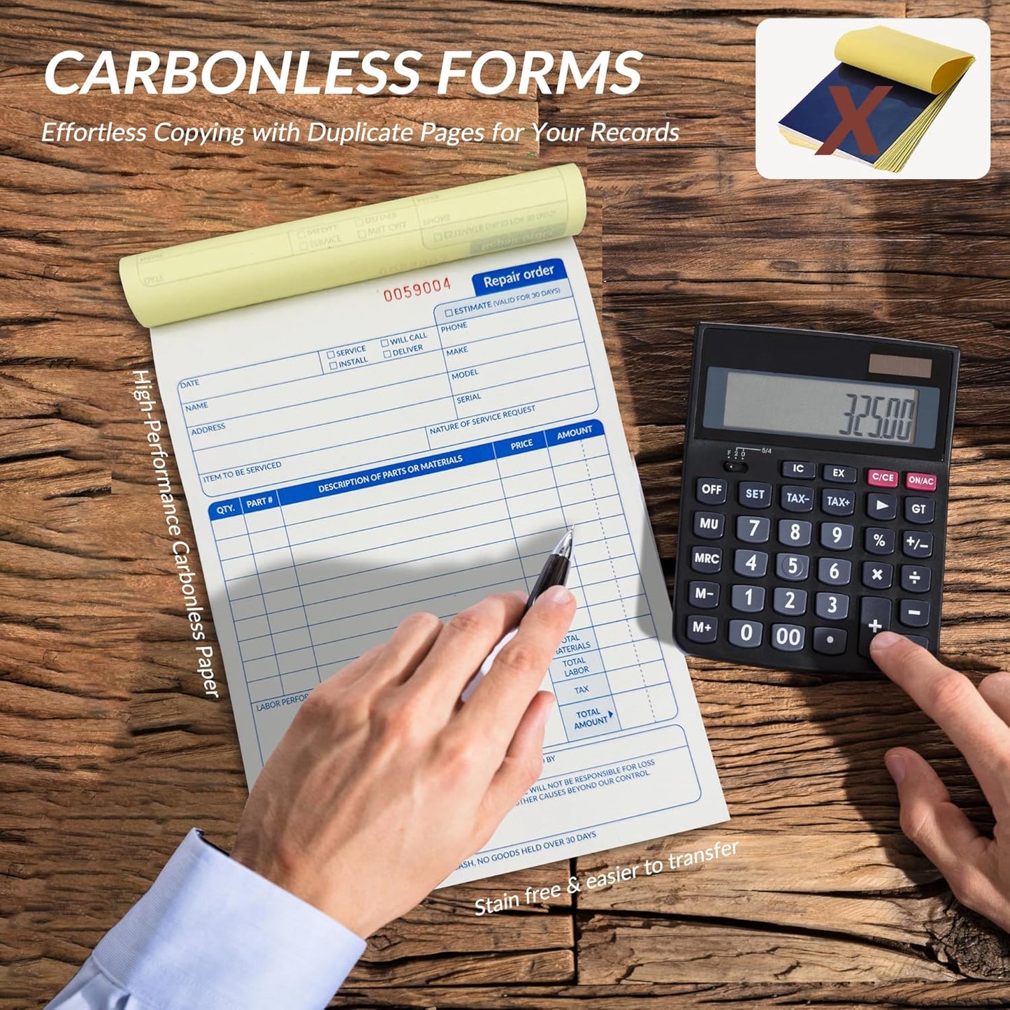 Repair Order Book, 2 Part Carbonless Job Work Order Forms - White/Yellow, 5-7/10 x 8-1/4 Inches, Invoice Receipt Book for Small Business, Consecutively Numbered, 100 Sets (2 Packs)