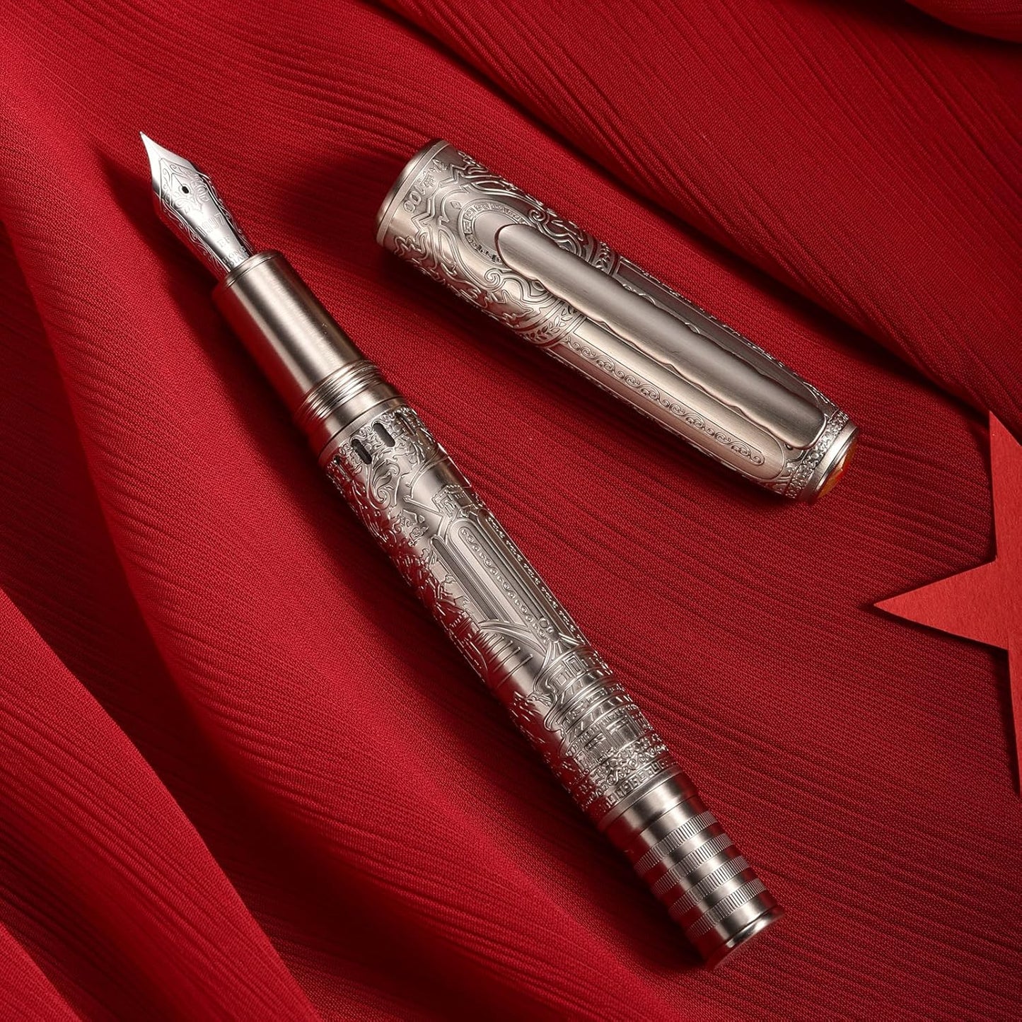 Hongdian 100 Silver Steel Piston Fountain Pen, Iridium Fine Nib Calligraphy, Smooth Writing Pens, Nice Writing Pen for Men & Women