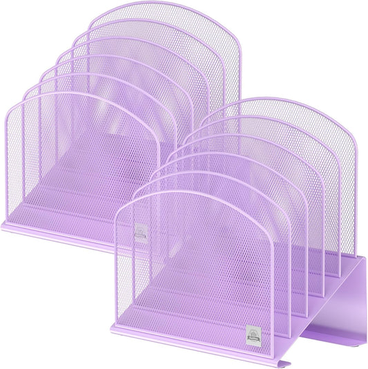 Inclined Desk File Organizer, 5-Section Vertical File Folder Holder Stand Metal Rack File Sorter for Office Classroom Desktop Organization (Purple, 2Pack)