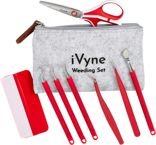 iVyne (8pcs) Berry Essentials Silicone Vinyl Weeding Tool Kit Soft Grip Weeding Tools for Vinyl with Weeder, Tweezers, Picker, Scissors and Scraper Set for Silhouette Cameos and Cricut Craft (Red)