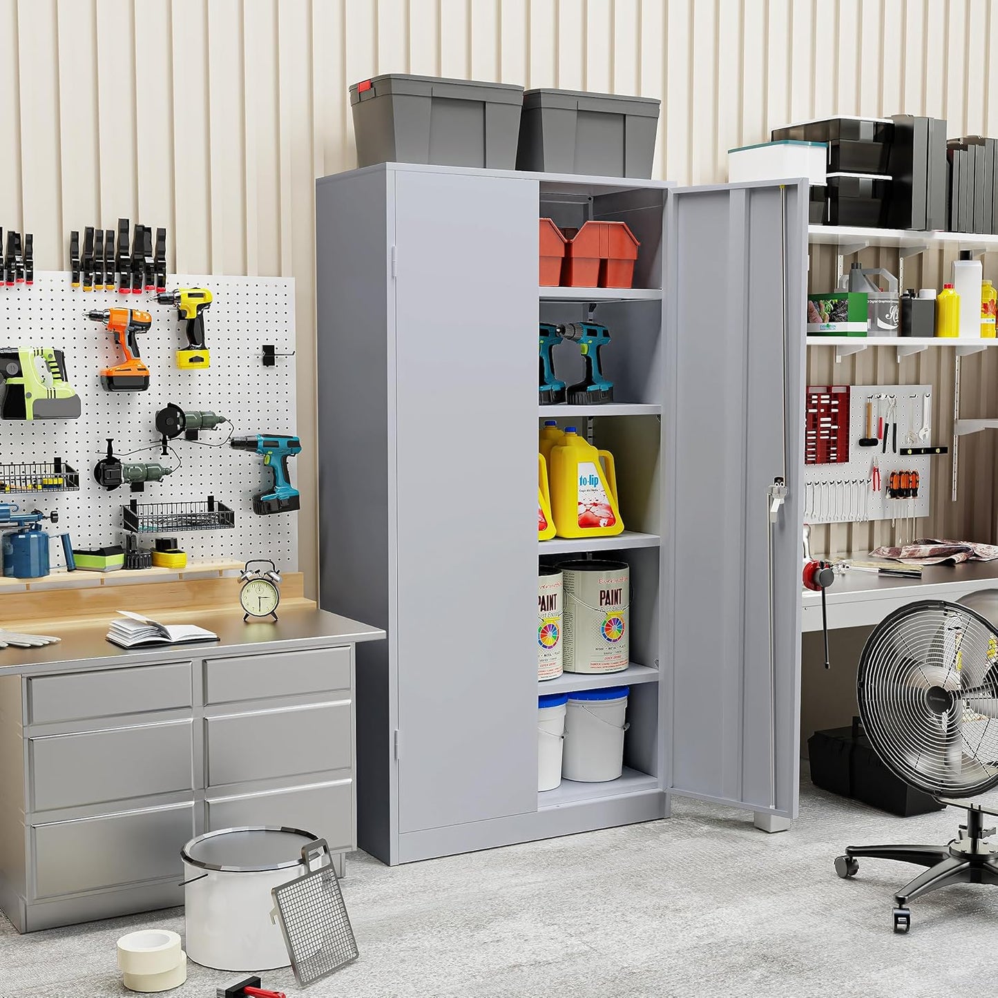 SUNCROWN 72" Metal Storage Cabinet - Heavy-Duty Metal Garage Cabinet with 4 Adjustable Shelves & 2 Doors for Tools, Office, Home, Workshop,Cement Grey-Small