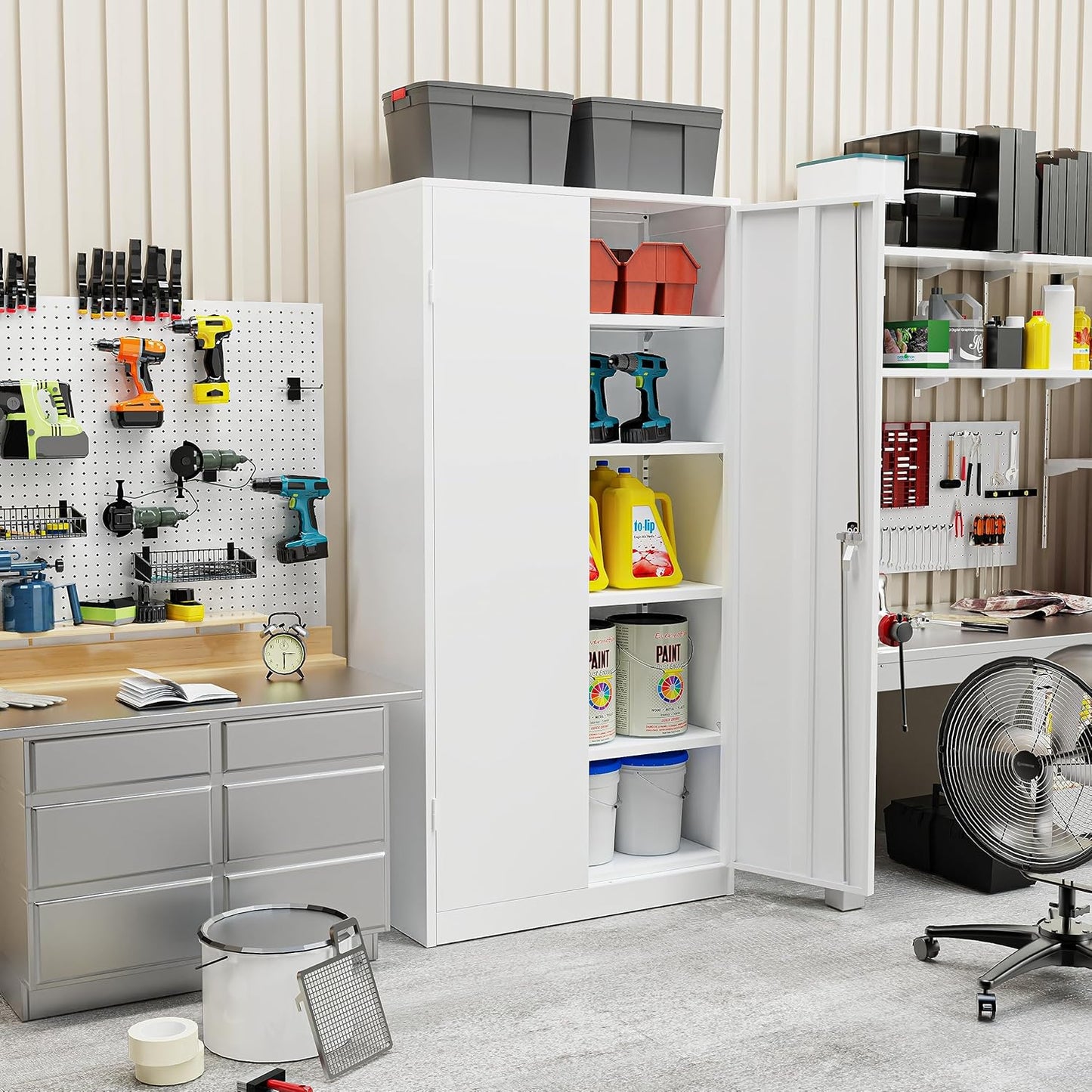 SUNCROWN 72" Metal Storage Cabinet - Heavy-Duty Metal Garage Cabinet with 4 Adjustable Shelves & 2 Doors for Tools, Office, Home, Workshop,White