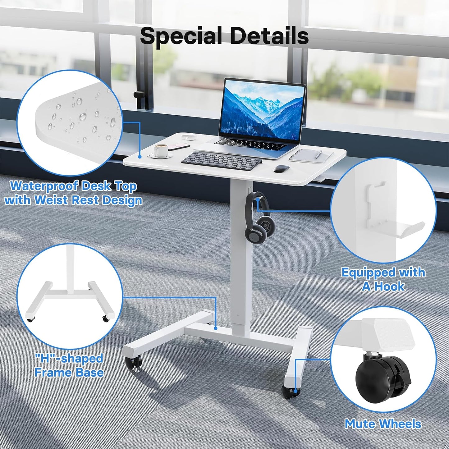 BONTEC Mobile Standing Desk Adjustable Height, Rolling Laptop Cart with Hook, Portable Workstation with Pneumatic Lift, Ergonomic Table with Wheels, Compact Home Office Desk, White 25.6" x 17.7"
