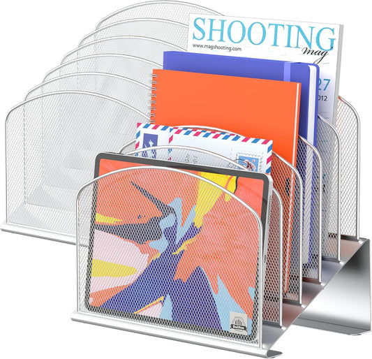 Inclined Desk File Organizer, 5-Section Vertical File Folder Holder Stand Metal Rack File Sorter for Office Classroom Desktop Organization (Silver, 2Pack)