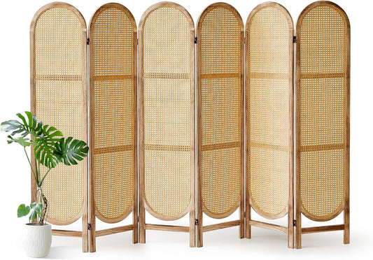 6 Panel Room Divider, 5.6 Ft Foldable Wood Room Divider Screen, Hand-Woven Rattan Folding Privacy Screens with Double Hinges, Wall Divider for Room Separation Bedroom Home Office - Natural