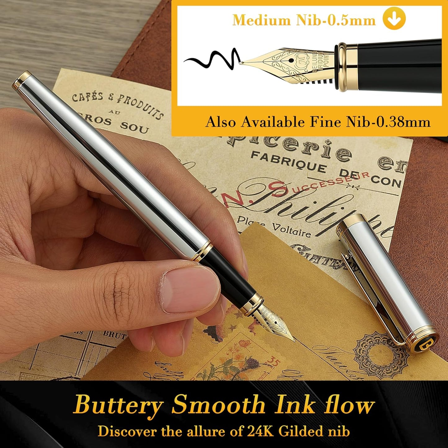BEILUNER Silver Chrome Fountain Pen,Stunning Luxury Pens with 24K Gold Accents, Gorgeous 24K Gilded Nib(Medium), Ink Converter,Fancy Pen Gift for Men&Women-Elegant, Office, Executive,Nice for Writing