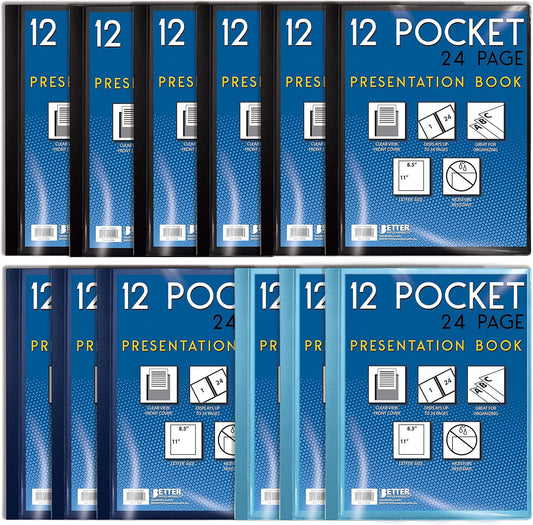 Better Office Products 12 Pocket Bound Presentation Book, Assorted Colors, Clear View Front Cover, 24 Sheet Protector Pages, 8.5" x 11" Sheets, Art Portfolio, Poly Covers, Letter Size (12 Pack)