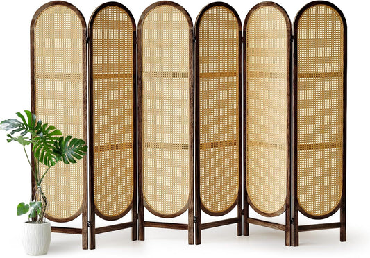6 Panel Room Divider, Hand-Woven Rattan Room Divider Screen, Folding Privacy Screens with Double Hinges, Wooden Freestanding Wall Divider for Room Separation Bedroom Home Office - Brown
